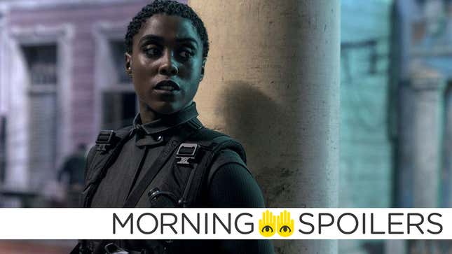 Lashana Lynch wears all black tactical gear and stands against a concrete pillar as 007 in No Time to Die.