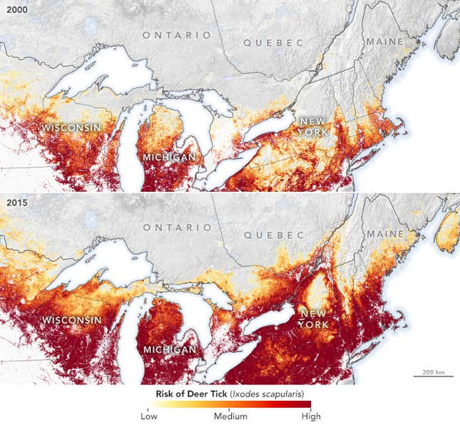 Using data from Kotchi’s study, this map shows how the risk of coming across Lyme-carrying ticks has changed in parts of the U.S. between 2000 to 2015.