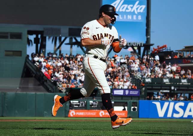Aug 27, 2023; San Francisco, California, USA; San Francisco Giants third baseman Casey Schmitt (6) rounds the bases on a solo home run against the Atlanta Braves during the second inning at Oracle Park.
