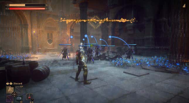 Babylon's Fall Sentinel prepares to battle a bunch of blue monsters.