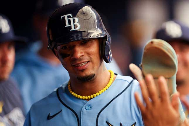 Wander Franco of the Tampa Bay Rays celebrates his home run with