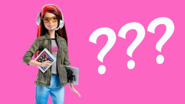 A product image of the Game Developer Barbie on a pink background next to three large question marks in the Barbie font