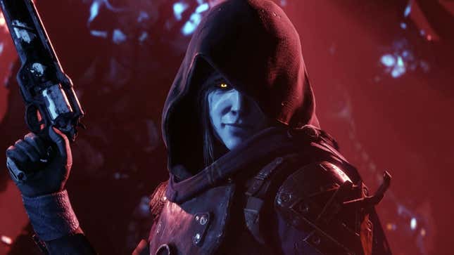 With revolver in hand, Crow stands in the midst of a red low-lit room that contrasts with his blue skin and yellow eyes hidden under his hood. 
