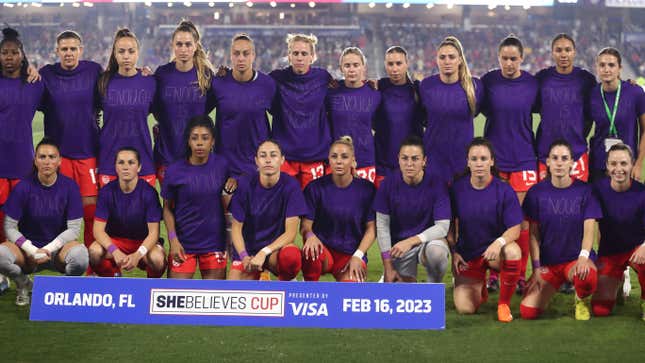 Canada wears shirts saying “Enough is Enough” before a match in the SheBelieves Cup in Orlando, Florida.