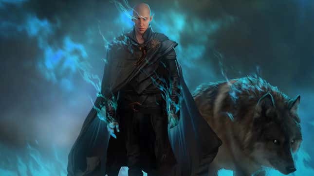 Solas and a wolf appear in glowing blue wind. 