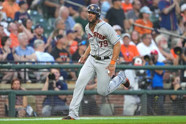 Aug 9, 2023; Baltimore, Maryland, USA; Houston Astros first baseman Jose Abreu (79) rounds third base to score on a single by Jose Altuve (not shown) in the second inning against the Baltimore Orioles at Oriole Park at Camden Yards.