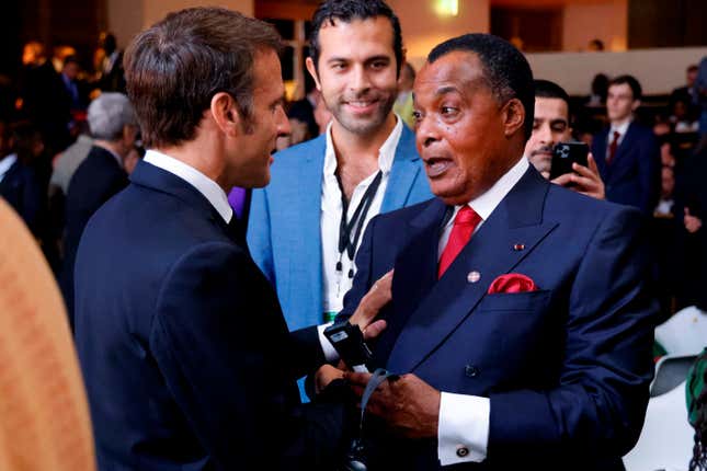 FILE - French President Emmanuel Macron, let, speaks with President of the Republic of the Congo Denis Sassou Nguesso at the New Global Financial summit in Paris Thursday, June 22, 2023. The era of France&#39;s arm-twisting interventionism in Africa may finally be over. France has sat by militarily despite moves by putschists to seize control of former French colonies in recent years. (Ludovic Marin, Pool via AP, File)