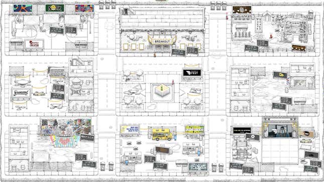 A sketch of nine city blocks, featuring detailed illustrations of buildings, a basketball court, and a greenhouse, taken from a screenshot of the virtual world Topia.