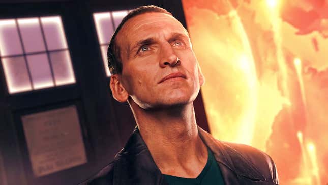 The Ninth Doctor proudly looks to the sky in front of the TARDIS.