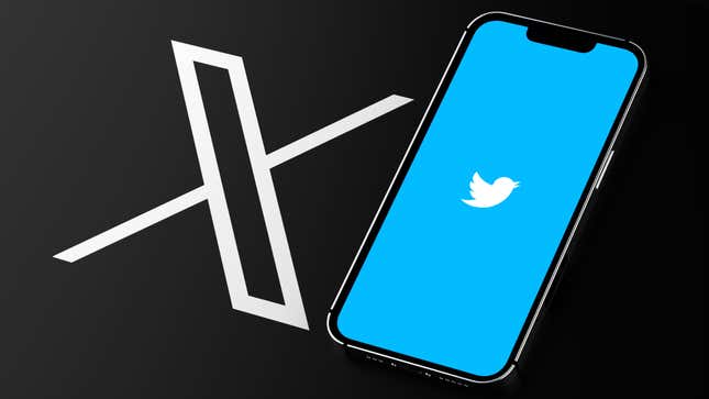 Twitter's new Logo X next to phone with the old Twitter bird logo.