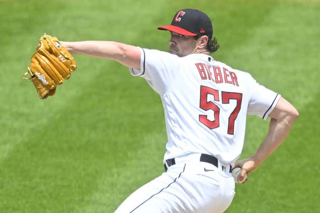 Jun 11, 2023; Cleveland, Ohio, USA; Cleveland Guardians starting pitcher Shane Bieber (57) delivers a pitch in the third inning against the Houston Astros at Progressive Field.