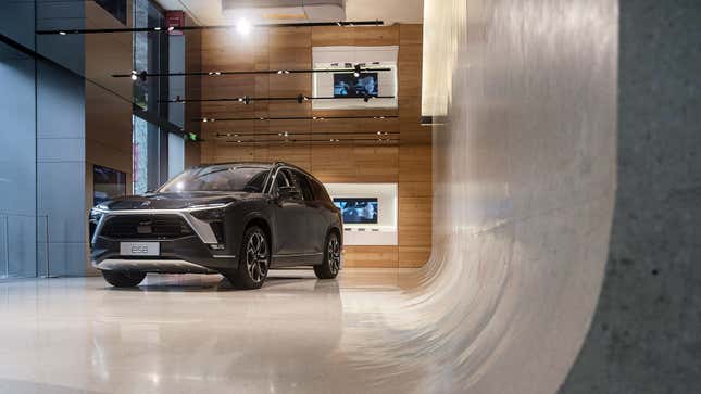 A photo of a Nio electric car in a showroom. 