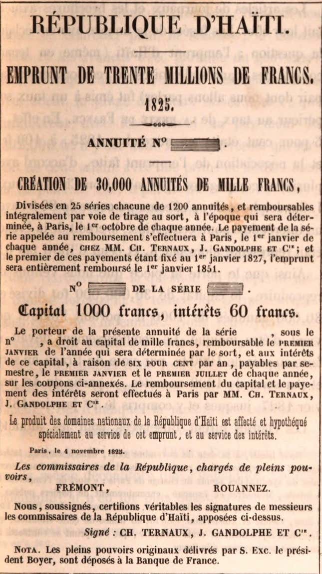 A facsimile of the bank note for the 30 million francs that Haiti borrowed from a French bank.
