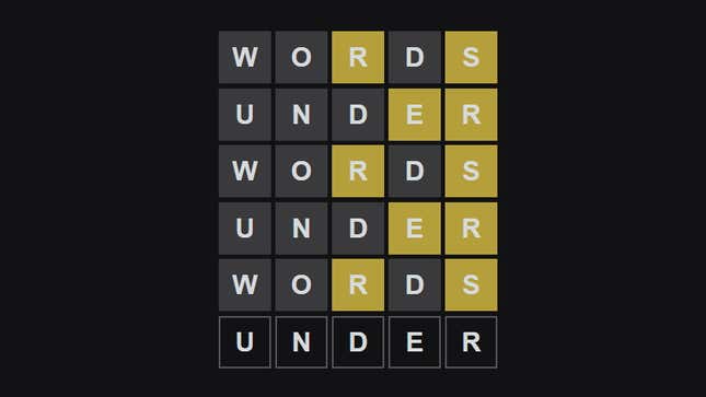 A screenshot of the word game Wordle, with some deliberately silly guesses.