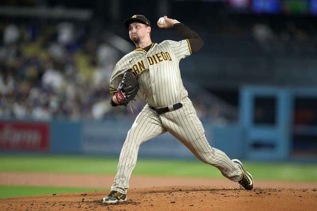 Sep 13, 2023; Los Angeles, California, USA; San Diego Padres starting pitcher Blake Snell (4) throws in the first inning against the Los Angeles Dodgers at Dodger Stadium.