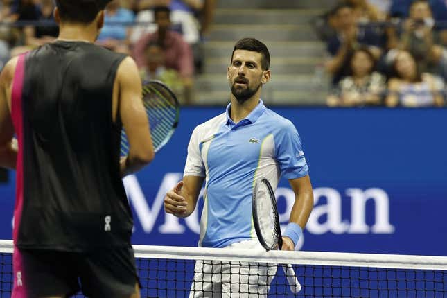 Sep 8, 2023; Flushing, NY, USA; Novak Djokovic of Serbia shakes hands with Ben Shelton of the United States (L) after their match in a men&#39;s singles semifinal on day twelve of the 2023 U.S. Open tennis tournament at USTA Billie Jean King Tennis Center.