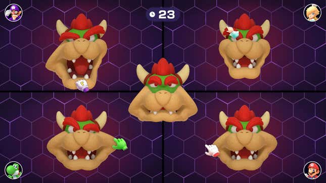 Super Mario Party players tug at Bowser's face. 