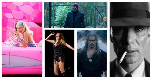 Clockwise from left: Barbie (Warner Bros.), Secret Invasion (Des Willie/Marvel), Oppenheimer (Universal), The Witcher (Netflix), Taylor Swift (Kevin Winter/Getty Images)