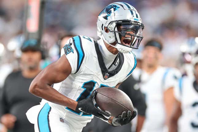 Aug 18, 2023; East Rutherford, New Jersey, USA; Carolina Panthers wide receiver DJ Chark Jr. (17) reacts after a catch during the first half against the New York Giants at MetLife Stadium.