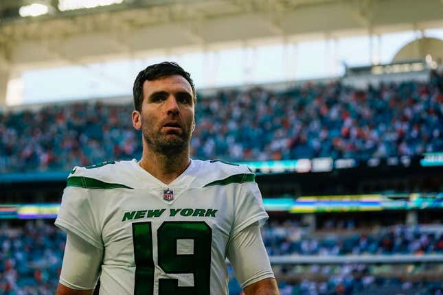 Jan 8, 2023; Miami Gardens, Florida, USA; New York Jets quarterback Joe Flacco (19) leaves the field after a game against the Miami Dolphins at Hard Rock Stadium.