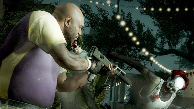 A man points a sub-machine gun at a clown zombie as it rushes toward him.