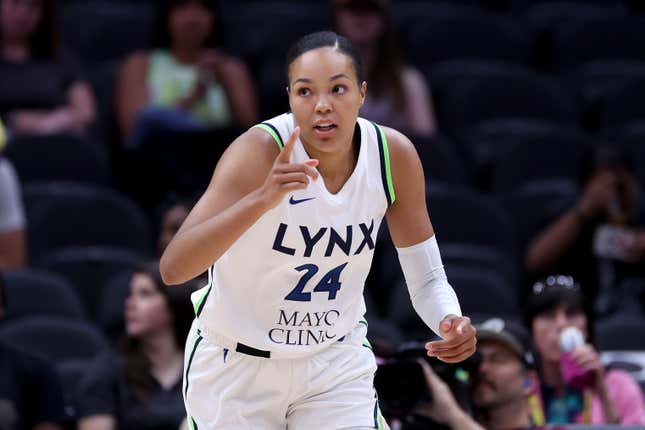 Napheesa Collier #24 of the Minnesota Lynx reacts during the first quarter against the Seattle Storm at Climate Pledge Arena on June 29, 2023 in Seattle, Washington. 