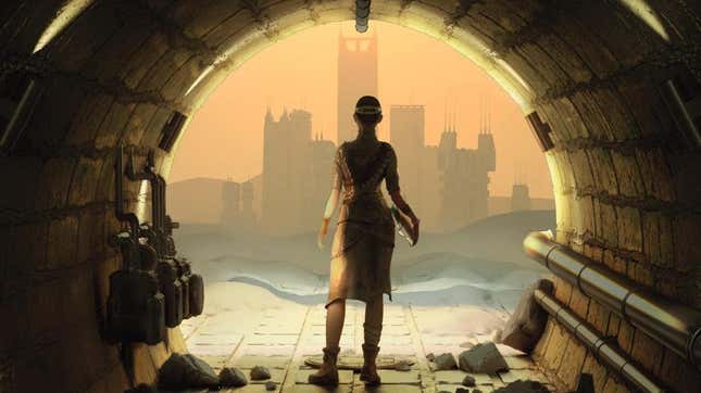 A woman stands in a tunnel, looking out at a city.