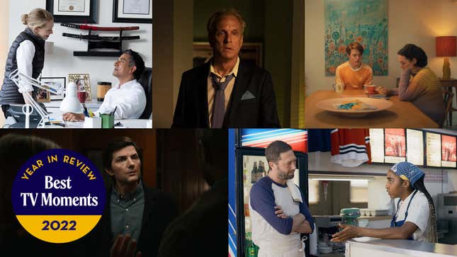 Clockwise from bottom left: Adam Scott in Severance (Photo: Apple TV+), Amanda Seyfried and Naveen Andrews in The Dropout (Photo: Beth Dubber/Hulu), Patrick Fabian in Better Call Saul (Photo: Greg Lewis/AMC/Sony Pictures Television), Kit Connor and Olivia Colman in Heartstopper (Screenshot: Netflix), Ebon Moss-Bachrach and Ayo Edebiri in The Bear (Photo: FX)