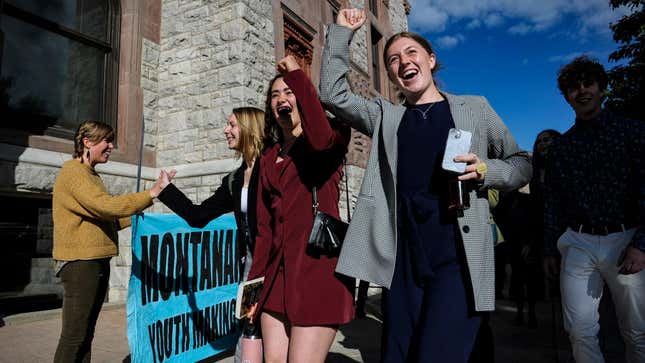 Youth plaintiffs in the climate change lawsuit, Held vs. Montana, arrive at the Lewis and Clark County Courthouse, on June 20, 2023, in Helena, Montana, for the final day of the trial.