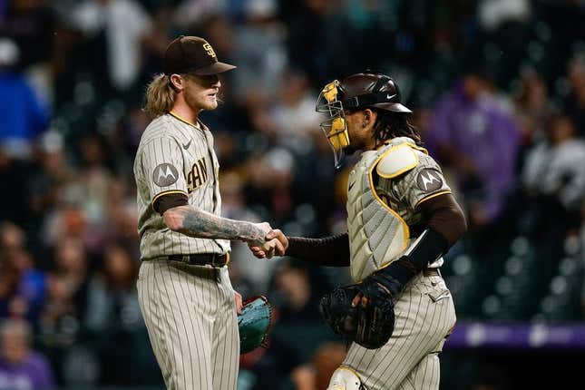Aug 1, 2023; Denver, Colorado, USA; San Diego Padres relief pitcher Josh Hader (71) celebrates with catcher Luis Campusano (12) after the game against the Colorado Rockies at Coors Field.