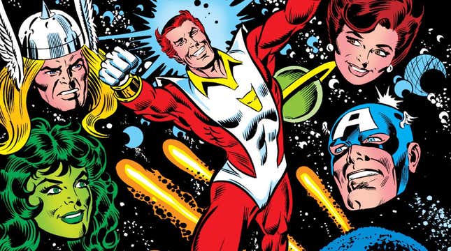 A cover splash of Starfox flying through space while She-Hulk and Wasp look on in delight, and Thor and Captain America scowl in disgust.