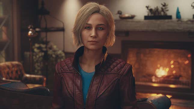 A Starfield character wearing a maroon jacket and blue shirt stares into the camera.