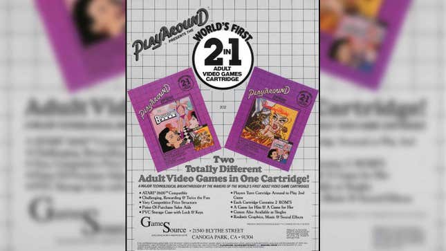 A GameSource-branded flyer promotes a 2-in-1 cartridge featuring Bachelorette Party and Burning Desire.