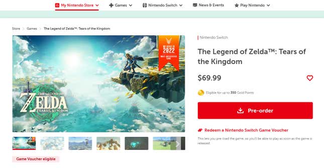 A screenshot of Nintendo's eShop shows Tears of the Kingdom qualifies for the voucher discount.