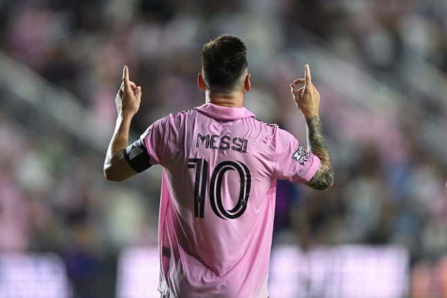 Aug 11, 2023; Fort Lauderdale, FL, USA; Inter Miami CF forward Lionel Messi (10) reacts after scoring a goal in the second half against Charlotte FC at DRV PNK Stadium.