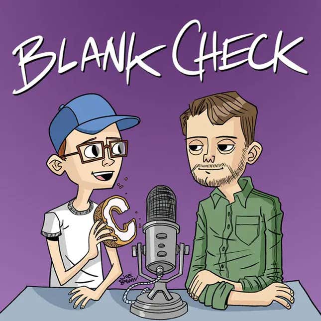 The Blank Check podcast logo featuring two caricatures. 
