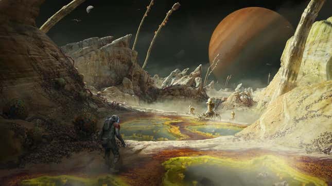 Starfield concept art shows an astronaut exploring a misty planet.