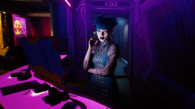 Cyberpunk 2077 receptionist for the Clouds brothel checking in a guest at the computer. 