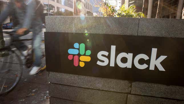 The Slack logo appears outside its headquarters on December 1, 2020 in San Francisco, California.