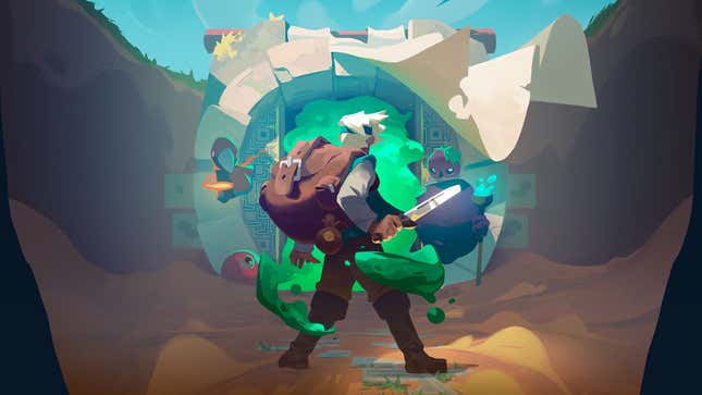 A shopkeeper stands at the mouth of a dungeon in key art for Moonlighter.