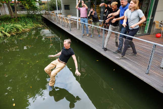 Nobel Laureate Svante Pääbo about to fall into water in Leipzig, Germany.