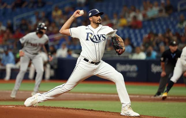 Sep 5, 2023; St. Petersburg, Florida, USA; Tampa Bay Rays starting pitcher Zach Eflin (24) throws  a pitch against the Boston Red Sox during the second inning at Tropicana Field.