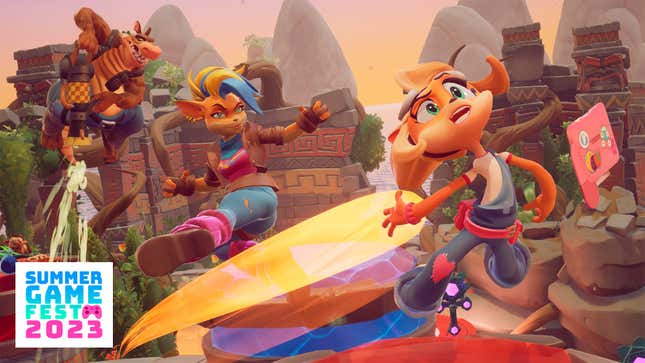 Various Crash Bandicoot characters appear in various states of action, enjoyment, and distress in a colorful environment.