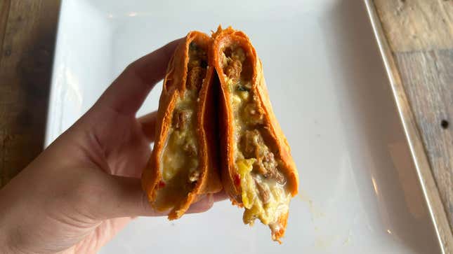 Dunkin' Chorizo & Egg Wrap, cross-section displaying filling and cheese