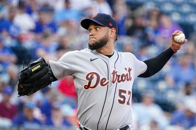 May 23, 2023; Kansas City, Missouri, USA; Detroit Tigers starting pitcher Eduardo Rodriguez (57) delivers a pitch against the Kansas City Royals in the first inning at Kauffman Stadium.