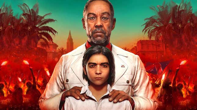 Far Cry 6 villain played by Giancarlo Esposito stands behind his son. 