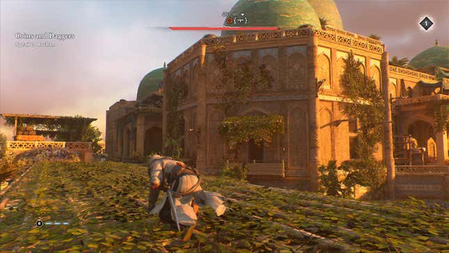 A screenshot shows an assassin in a white robe sneaking into a palace. 