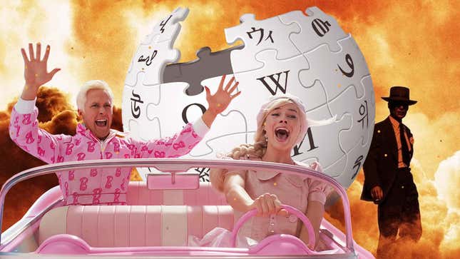 An image shows Barbie and Ken escaping a fireball with the Wikipedia logo behind them. 
