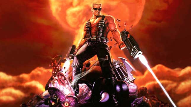 Duke Nukem stands on top of a pile of bodies and fires at unseen enemies using two large guns.