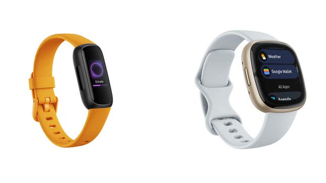 An image of the orange banded Fitbit Inspire 3 on the left and a white-baded Fitbit Sense 2 on the right.